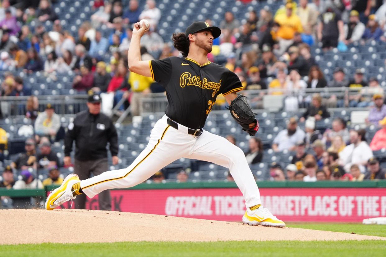 May 4, 2024; Pittsburgh, Pennsylvania, USA; Pittsburgh Pirates pitcher Jared Jones (37) delivers a pitch against the Colorado Rockies during the first inning at PNC Park. Mandatory Credit: Gregory Fisher-USA TODAY Sports