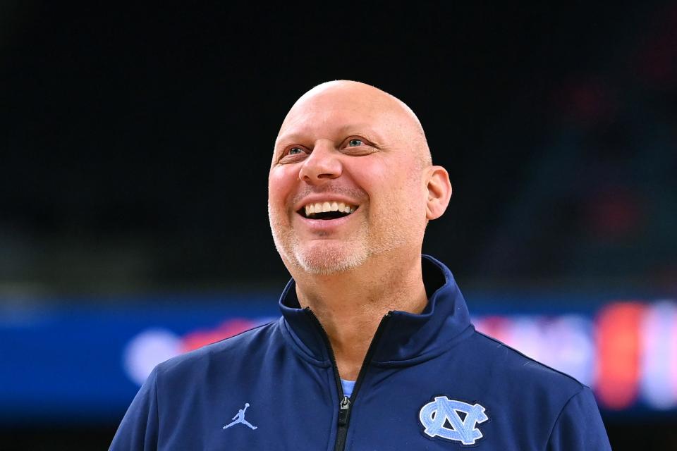 Apr 1, 2022; New Orleans, LA, USA; North Carolina Tar Heels assistant coach Jeff Lebo smiles during a practice session before the 2022 NCAA men's basketball tournament Final Four semifinals at Caesars Superdome. Mandatory Credit: Bob Donnan-USA TODAY Sports