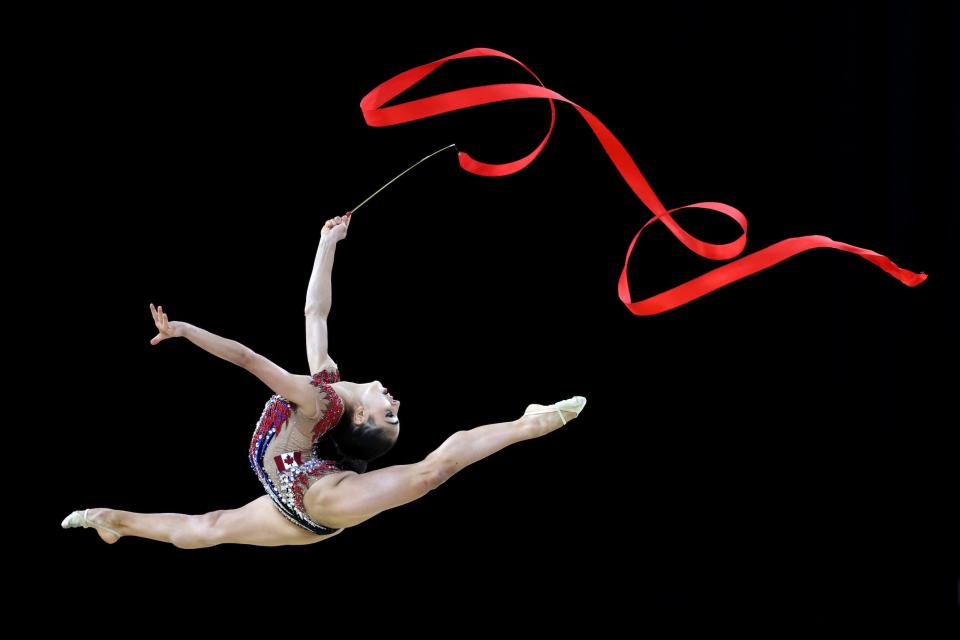 Canada's Suzanna Shahbazian competes with ribbon during Individual All-Around Final during the Birmingham 2022 Commonwealth Games in Birmingham, England.