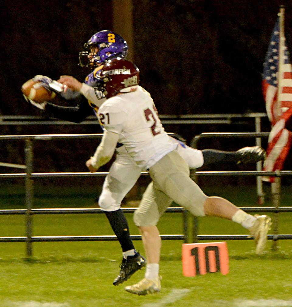 Watertown's Jesse Werner hauls in a pass against Spearfish's Bridger Niehaus during their Class 11AA high school football game on Friday, Oct. 14, 2022 at Watertown Stadium. The Arrows won 26-7.