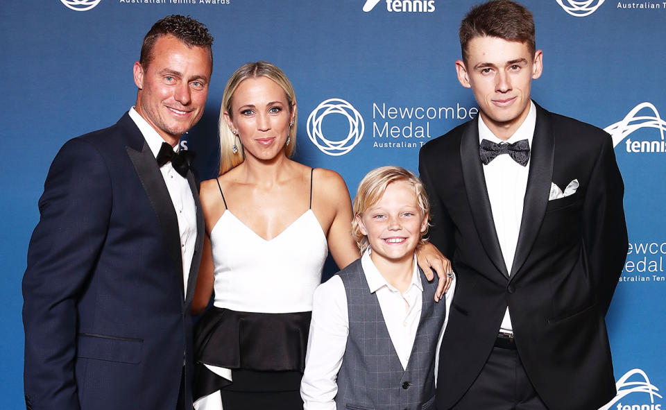 Alex de Minaur, pictured here with Lleyton, Bec and Cruz Hewitt in 2018.