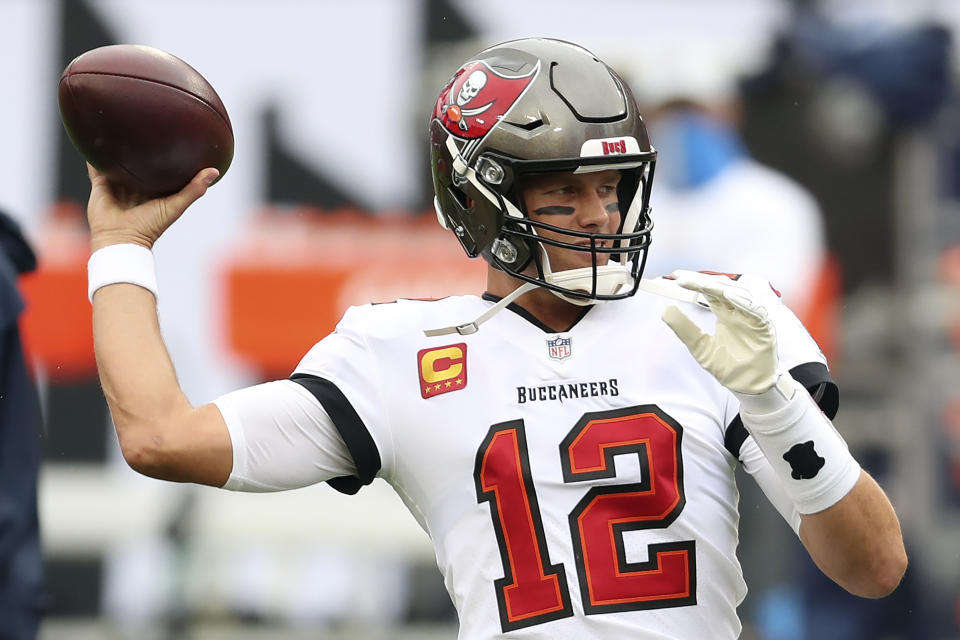 Tampa Bay Buccaneers quarterback Tom Brady (12) threw a pick-six in the first quarter against the Chargers. (AP Photo/Mark LoMoglio)