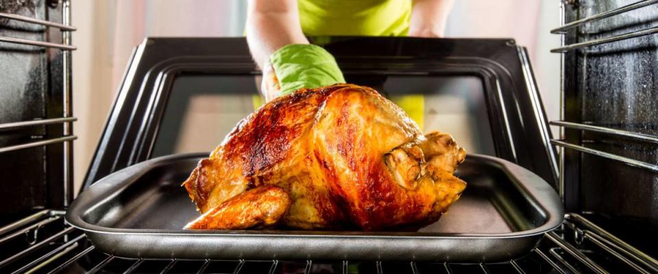 Wife prepares roast turkey in oven