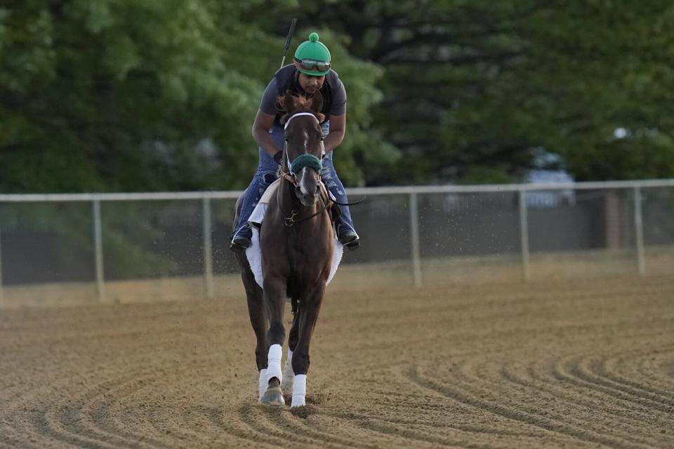 Exercise rider Oscar Quevedo rides atop Preakness entrant Secret Oath during a morning workout May 18 in Baltimore.