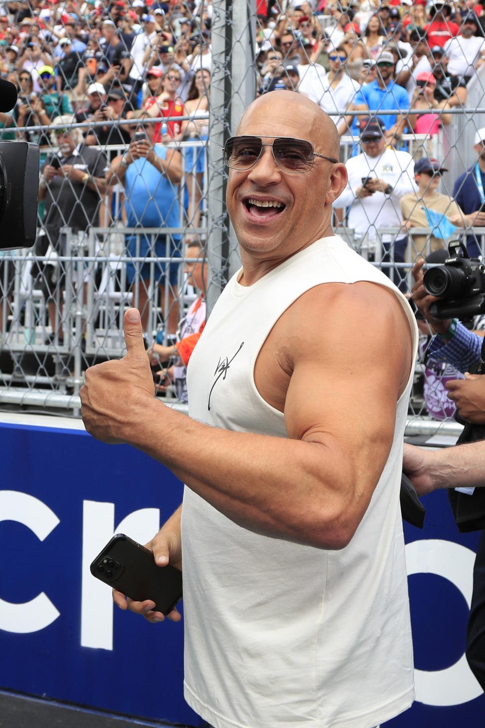 MIAMI GARDENS, FL - MAY 07:  Vin Diesel walks on the grid prior to the running of the Formula 1 Crypto.com Miami Grand Prix at Miami International Autodrome in Miami Gardens, FL. (Photo by Jeff Robinson/Icon Sportswire via Getty Images)