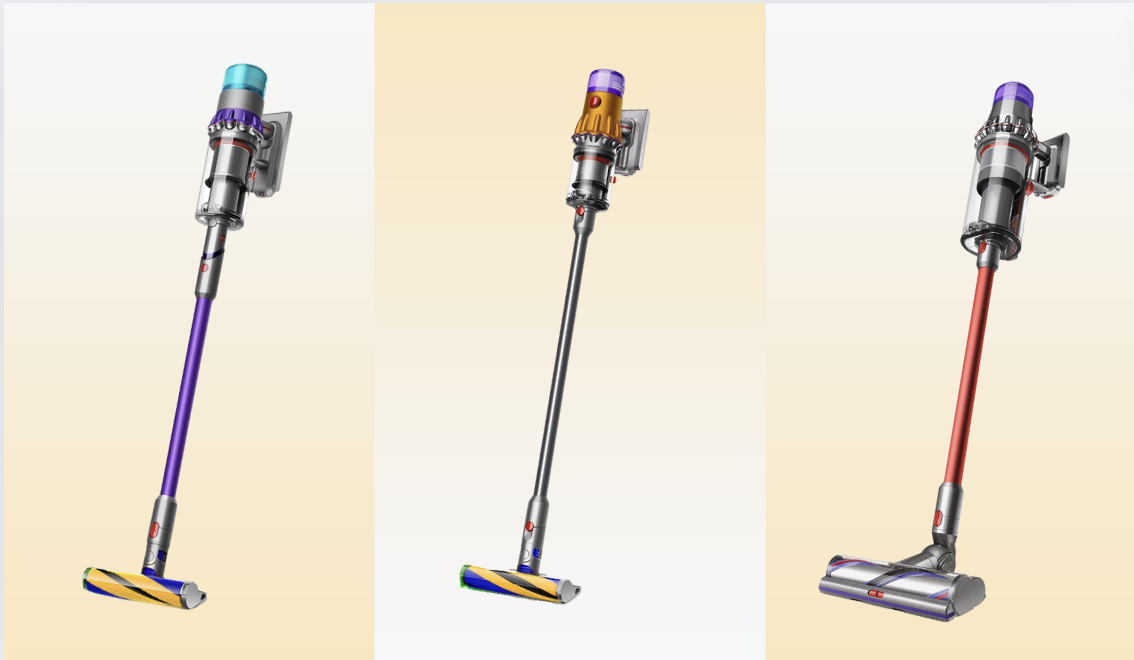 A triptych of three Dyson cordless stick vacuums