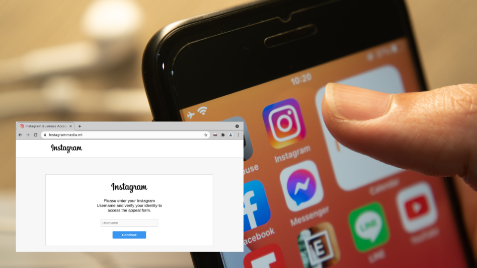 A person clicking on the Instagram app and the scam Instagram page harvesting details.