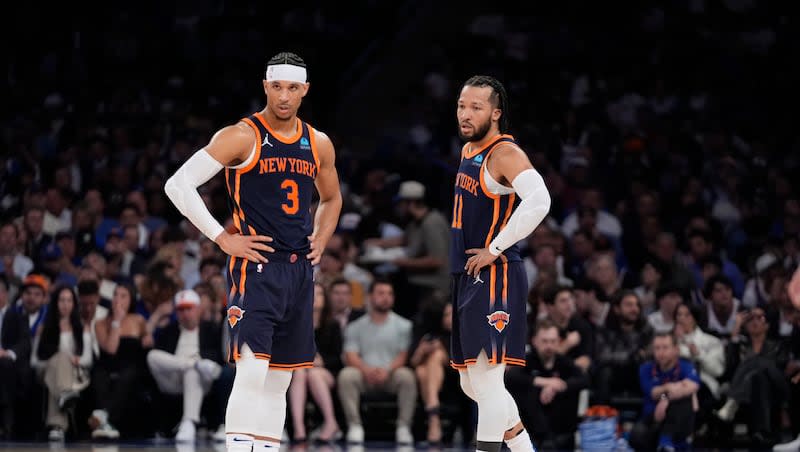 New York Knicks' Josh Hart (3) and Jalen Brunson (11) during Game 2 in an NBA basketball second-round playoff series against the Indiana Pacers, Wednesday, May 8, 2024, in New York. The Knicks won 130-121.