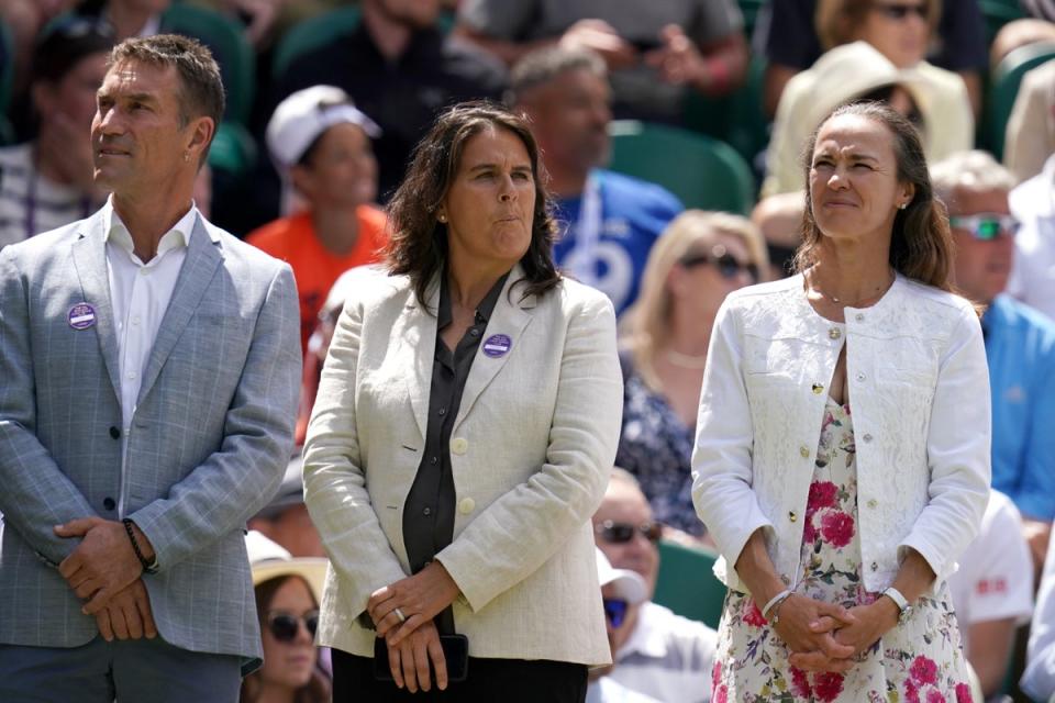 Pat Cash, left, Conchita Martinez, centre, and Martina Hingis were among the former champions introduced to the crowd (John Walton/PA) (PA Wire)