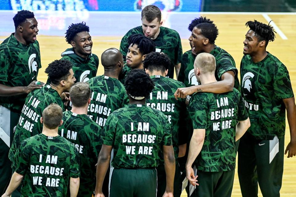 Michigan State huddles up before the game against Rutgers on Tuesday, Jan. 5, 2021, at the Breslin Center in East Lansing. 