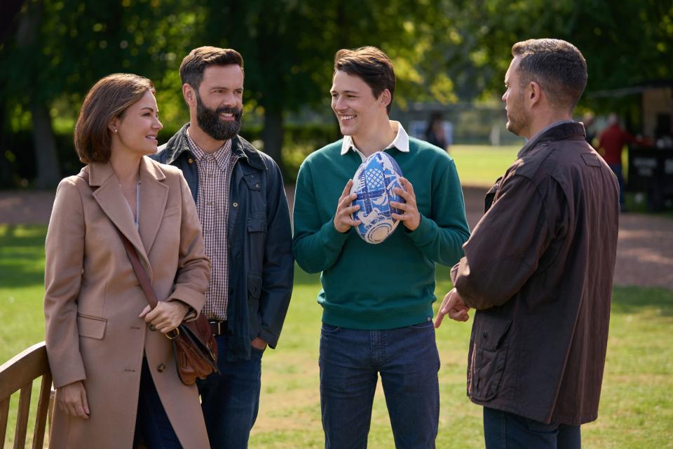 Erica Durance, James Mackenzie, Jack Stewart and Jordan Young in “A Scottish Love Scheme.”