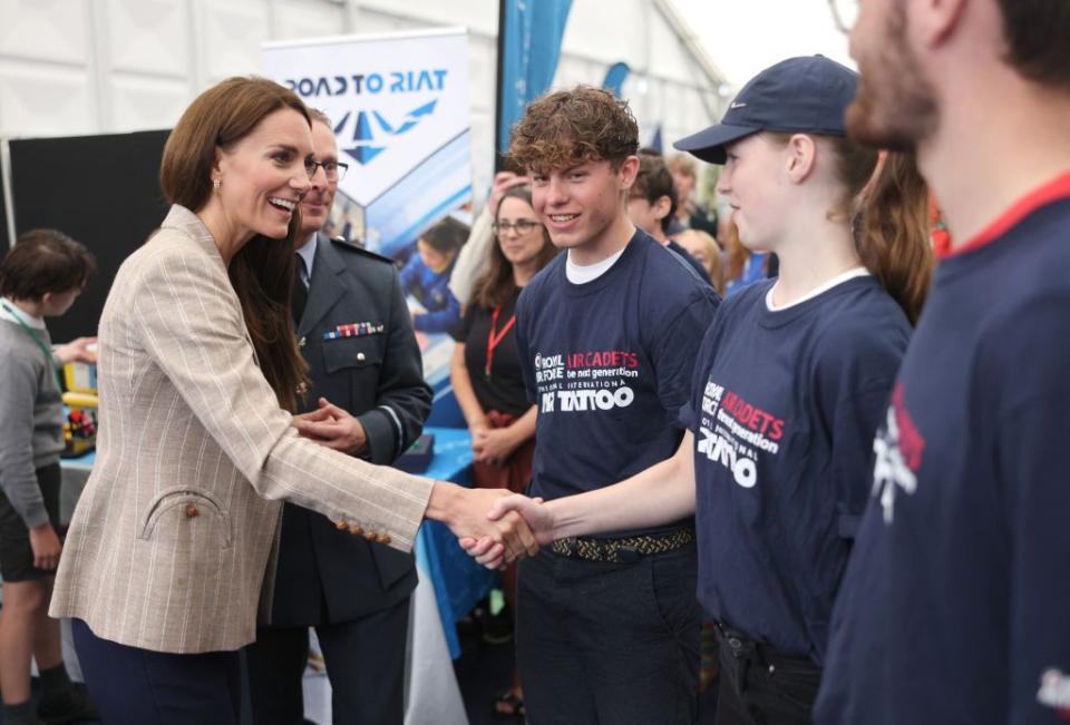 britains catherine, princess of wales l meets cadets in the techno zone, which aims to inspire young people into exploring science, technology, engineering and maths during a visit to the air tattoo at raf fairford on july 14, 2023 in fairford, central england photo by chris jackson pool afp photo by chris jacksonpoolafp via getty images