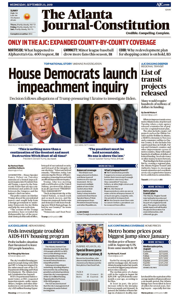 House Democrats launch impeachment inquiry The Atlanta Journal-Constitution Published in Atlanta, Ga. USA. (newseum.org)