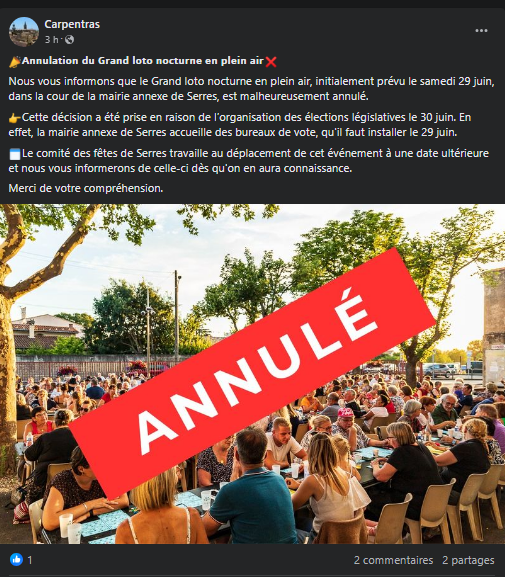 À Carpentras, le loto nocturne en plein air est annulé pour pouvoir organiser les législatives le 30 juin