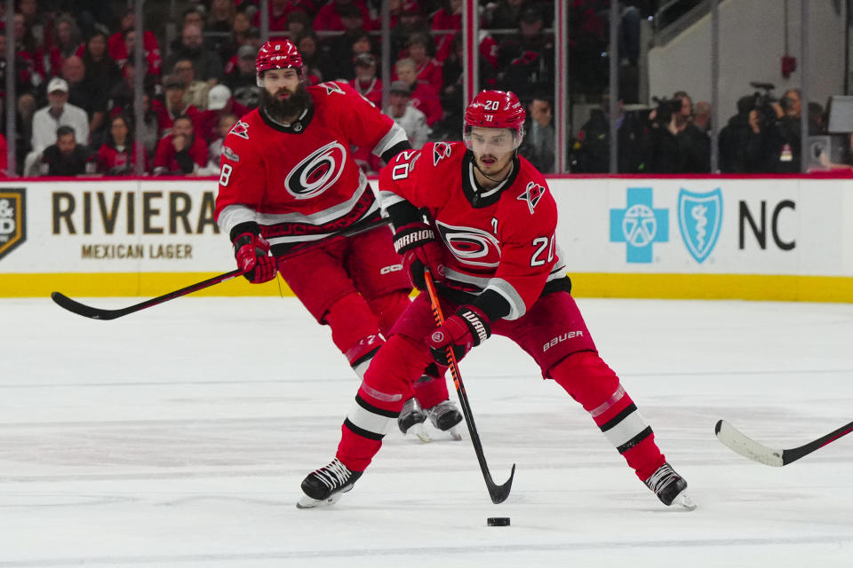 Hurricanes center <a class="link " href="https://sports.yahoo.com/nhl/players/6777" data-i13n="sec:content-canvas;subsec:anchor_text;elm:context_link" data-ylk="slk:Sebastian Aho;sec:content-canvas;subsec:anchor_text;elm:context_link;itc:0">Sebastian Aho</a> (20) Credit: James Guillory-USA TODAY Sports