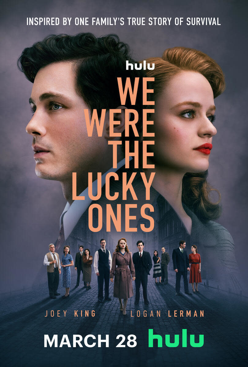 Movie poster for "We Were the Lucky Ones" featuring Joey King and Logan Lerman, release date March 28 on Hulu
