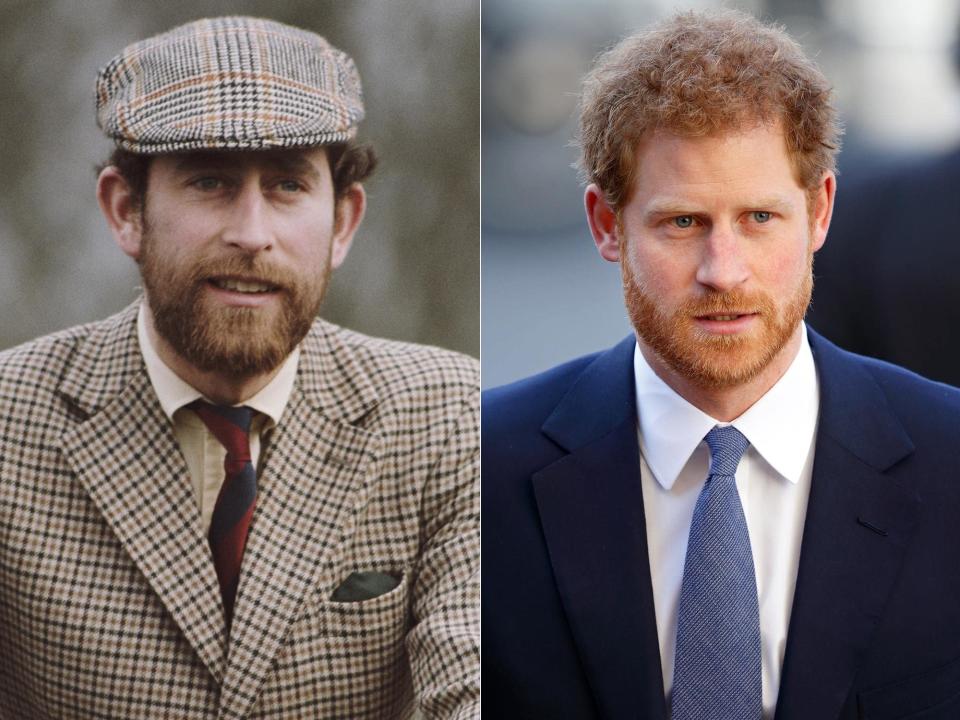 A bearded Charles is seen in a 1976 photo on the left; to the right, his son Harry in 2017.