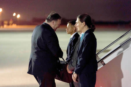 U.S. Secretary of State Mike Pompeo boards his plane to travel to Anchorage, Alaska on his way to Pyongyang, North Korea in Andrews Air Force Base, Maryland, U.S. July 5, 2018. Andrew Harnik/Pool via REUTERS