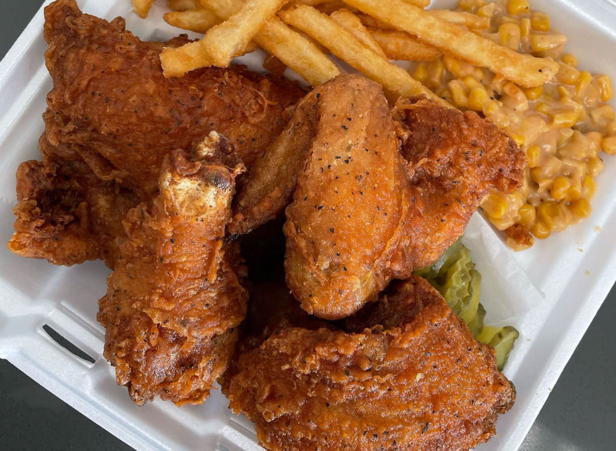 mike's chicken fried chicken, french fries, and corn