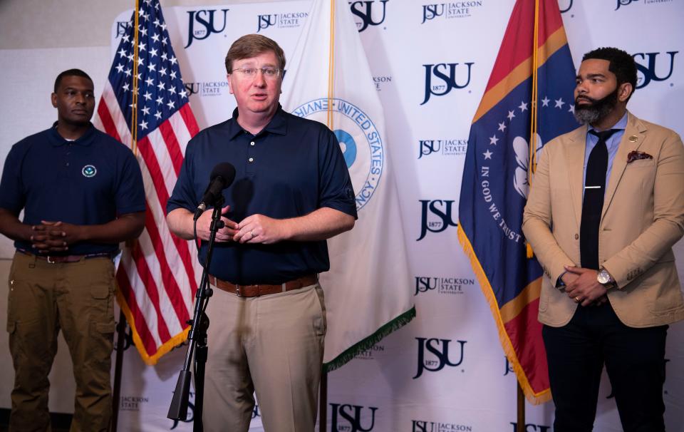 Administrator of EPA, Michael S. Regan,  Mayor Chokwe Antar Lumumba, and Gov. Tate Reeves, during a press conference at Jackson State University Student Center in Jackson, Miss., Wednesday, Sept. 7, 2022.