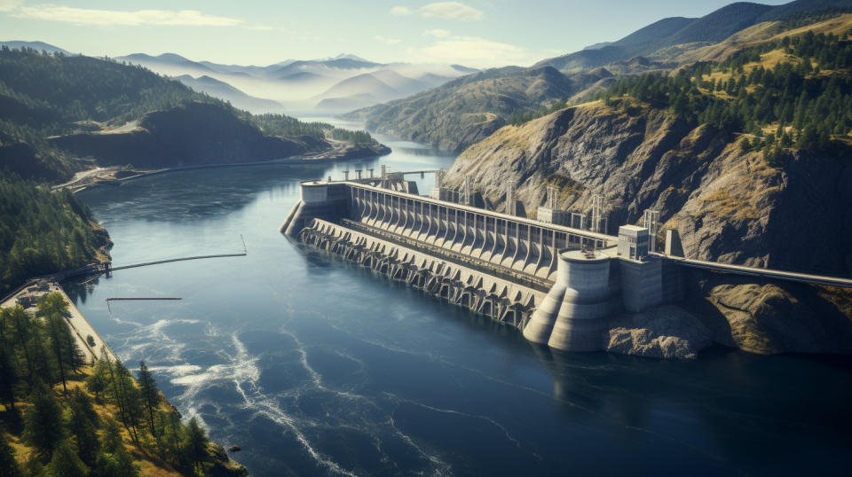 A stunning aerial view of a mountainside with a hydroelectric power station in the foreground.