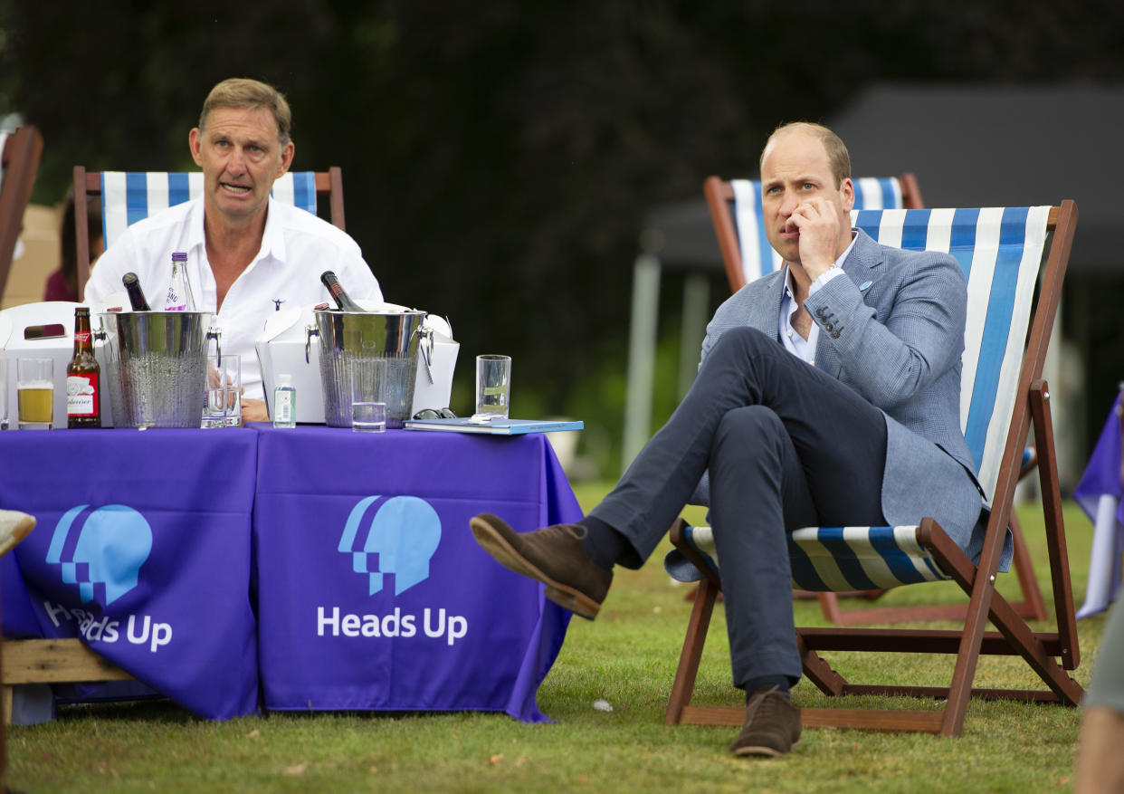 KING'S LYNN, ENGLAND - AUGUST 01: Prince William, Duke of Cambridge watches as Chelsea score with former Arsenal player Tony Adams as he hosts an outdoor screening of the Heads Up FA Cup final on the Sandringham Estate on August 1, 2020 in King's Lynn, England. (Photo by Tim Merry - WPA Pool/Getty Images)