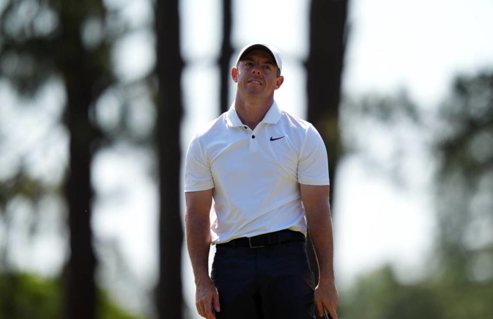 Jun 14, 2024; Pinehurst, North Carolina, USA; Rory McIlroy reacts to a missed putt on the 1st hole during the second round of the U.S. Open golf tournament at Pinehurst No. 2. Mandatory Credit: Jim Dedmon-USA TODAY Sports