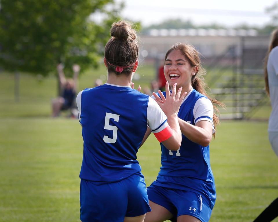 Adrian's Helayna Nieto celebrates a goal with Brook Patterson during Wednesday's Division 2 district matchup.