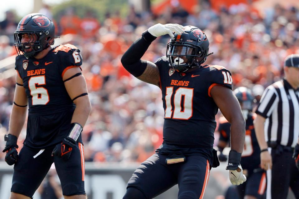 Oregon State Beavers linebacker Andrew Chatfield Jr. (10) celebrates after a sack during the first half against the San Diego State Aztecs at Reser Stadium Sept. 16, 2023, in Corvallis.