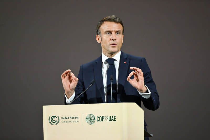 French President Emmanuel Macron’s comments Thursday come just days before he is set to host Chinese President Xi Jinping for a state visit to France on Monday and Tuesday. File Photo courtesy of COP28