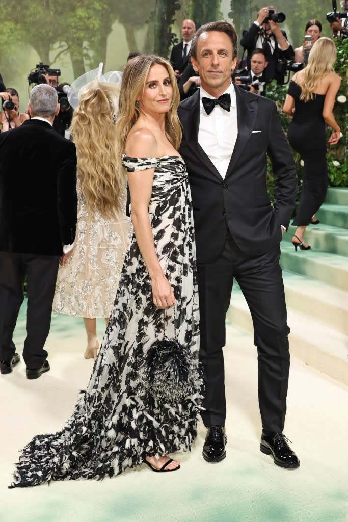 Alexi Ashe and Seth Meyers attend The 2024 Met Gala Celebrating "Sleeping Beauties: Reawakening Fashion" at The Metropolitan Museum of Art on May 06, 2024 in New York City.