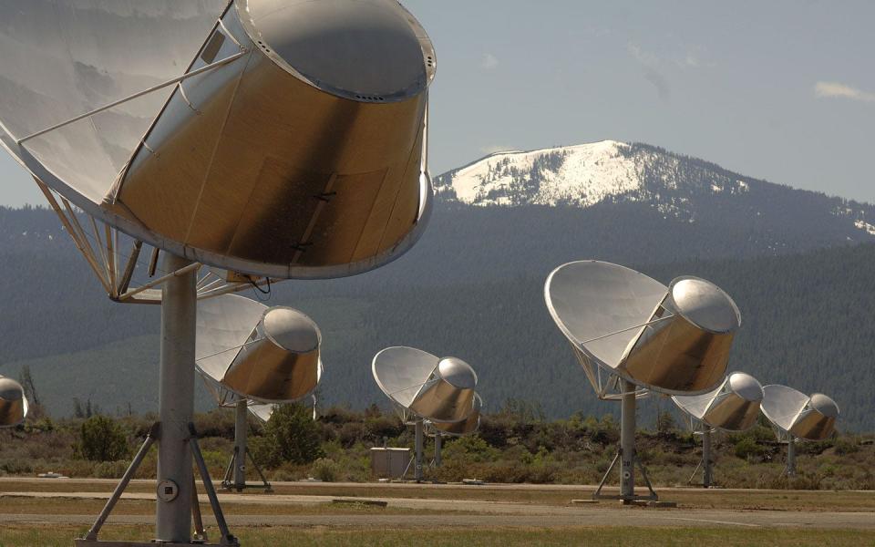 radio telescope dishes pointed at the sky in an open field with snowy mountain in background