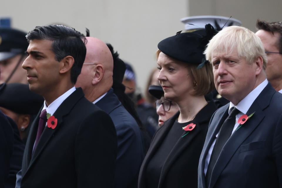 Rishi Sunak, Liz Truss and Boris Johnson at the Remembrance Sunday service. (Getty Images)