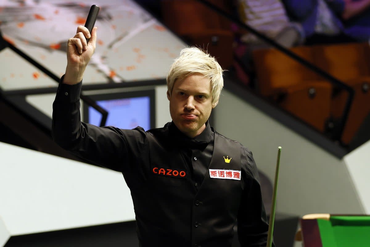 Neil Robertson celebrates his second break of 146 during day two of the Cazoo World Snooker Championship at the Crucible Theatre, Sheffield (Richard Sellers/PA) (PA Wire)