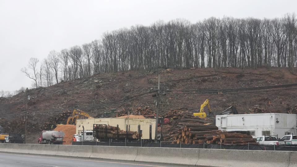Denville, NJ - April 2, 2024 -- An area along Route 10 east is cleared of trees to make way for the construction of 120 new homes in Denville.