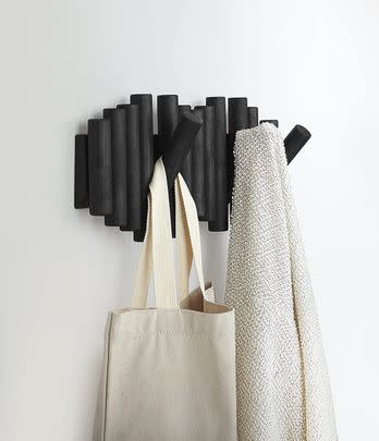 A wall-mounted coat rack that doubles as art