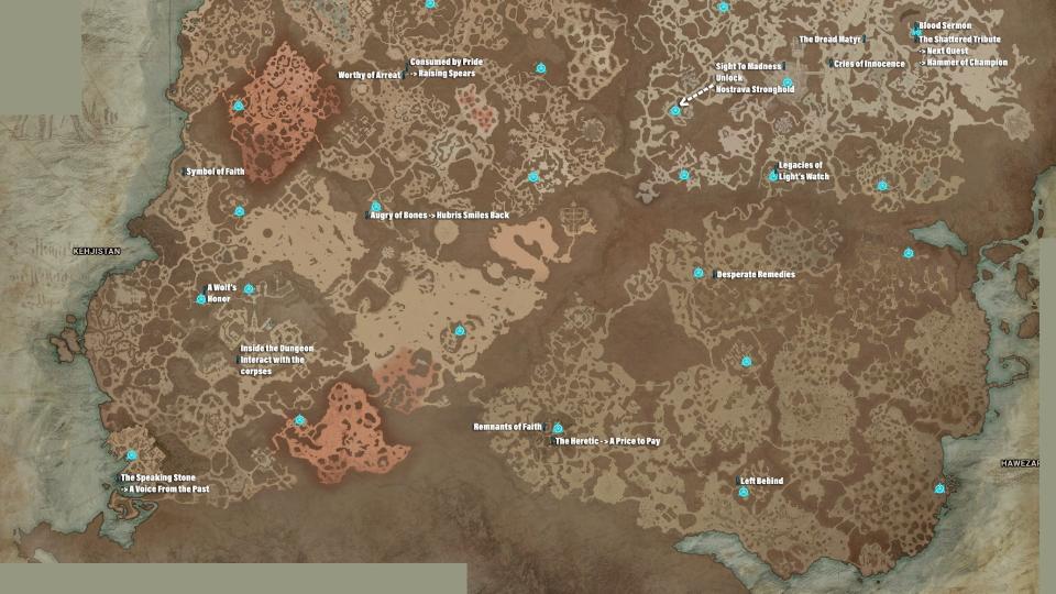 Map showing Side Quests that can lead to dungeons in Diablo 4