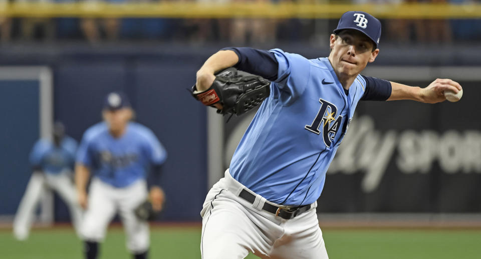 Tampa Bay Rays starter Ryan Yarbrough pitches against the Toronto Blue Jays during the first inning of a baseball game Saturday, July 10, 2021, in St. Petersburg, Fla. (AP Photo/Steve Nesius)