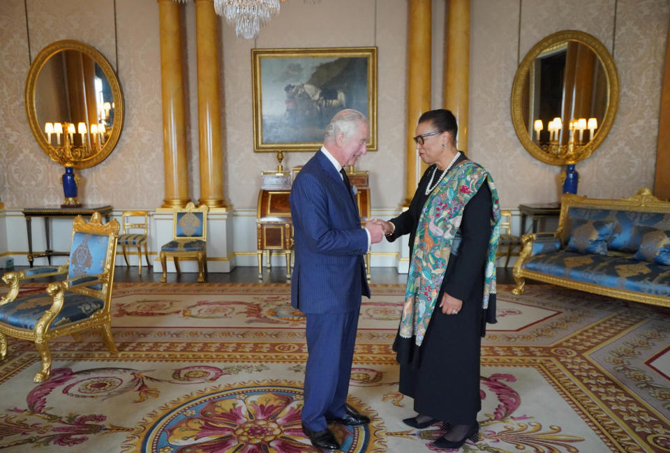 LONDON, UNITED KINGDOM - SEPTEMBER 11:  Britain's King Charles III during an audience with the Commonwealth Secretary General Baroness Patricia Scotland at Buckingham Palace on September 11, 2022 in London, England. King Charles III ascended the throne of the United Kingdom on the death of his mother, Queen Elizabeth II on 8 September 2022.  (Photo by Victoria Jones-WPA Pool/Getty Images)