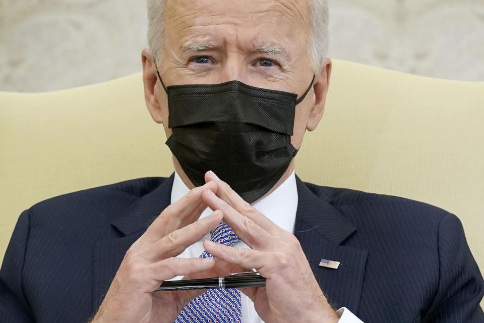 FILE - In this April 12, 2021, file photo President Joe Biden speaks during a meeting with lawmakers to discuss the American Jobs Plan in the Oval Office of the White House in Washington. (AP Photo/Patrick Semansky, File)