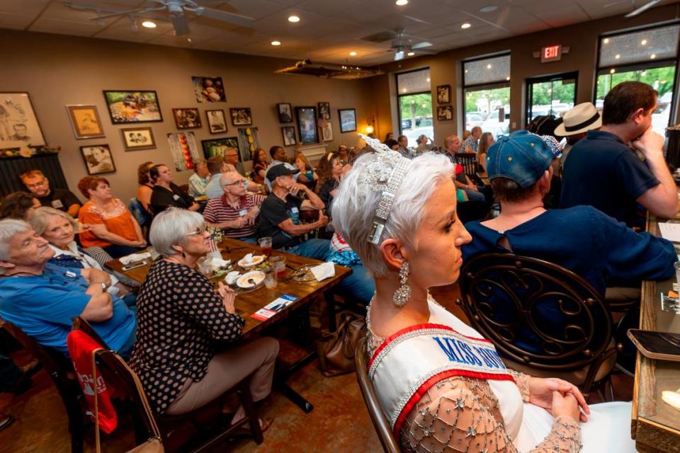 Sarah Grace Allen, sits at her family’s restaurant, Momma Rabbit’s Nibbles and Sips during a Freedom Friday gathering on Friday, May 3, 2024. Allen is Miss S.C. in the Miss For America Strong pageant.