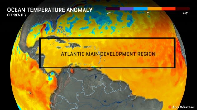 The ocean temperature anomaly and the main Atlantic hurricane development area, as of Feb. 20, 2024.