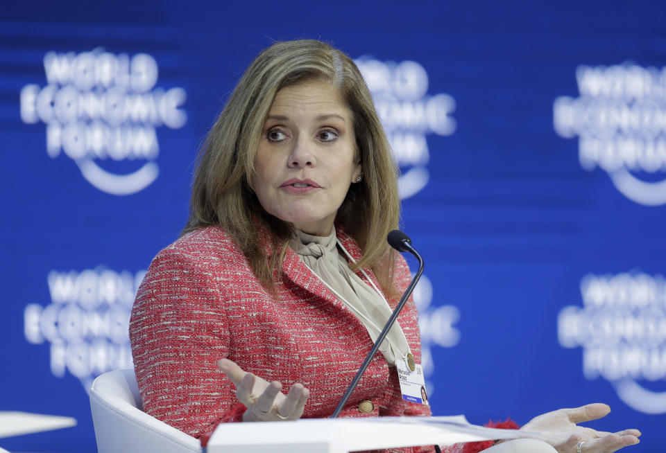 FILE - In this Jan. 24, 2018 file photo, Peruvian Prime Minister Mercedes Araoz speaks during the annual meeting of the World Economic Forum in Davos, Switzerland. On Monday, Sept. 30, 2019, opposition legislators in Peru defied President Martín Vizcarra's order dissolving congress by voting to suspend the president from office and swearing in Araoz, who was serving as vice president, as the South American nation's new leader. (AP Photo/Markus Schreiber, File)