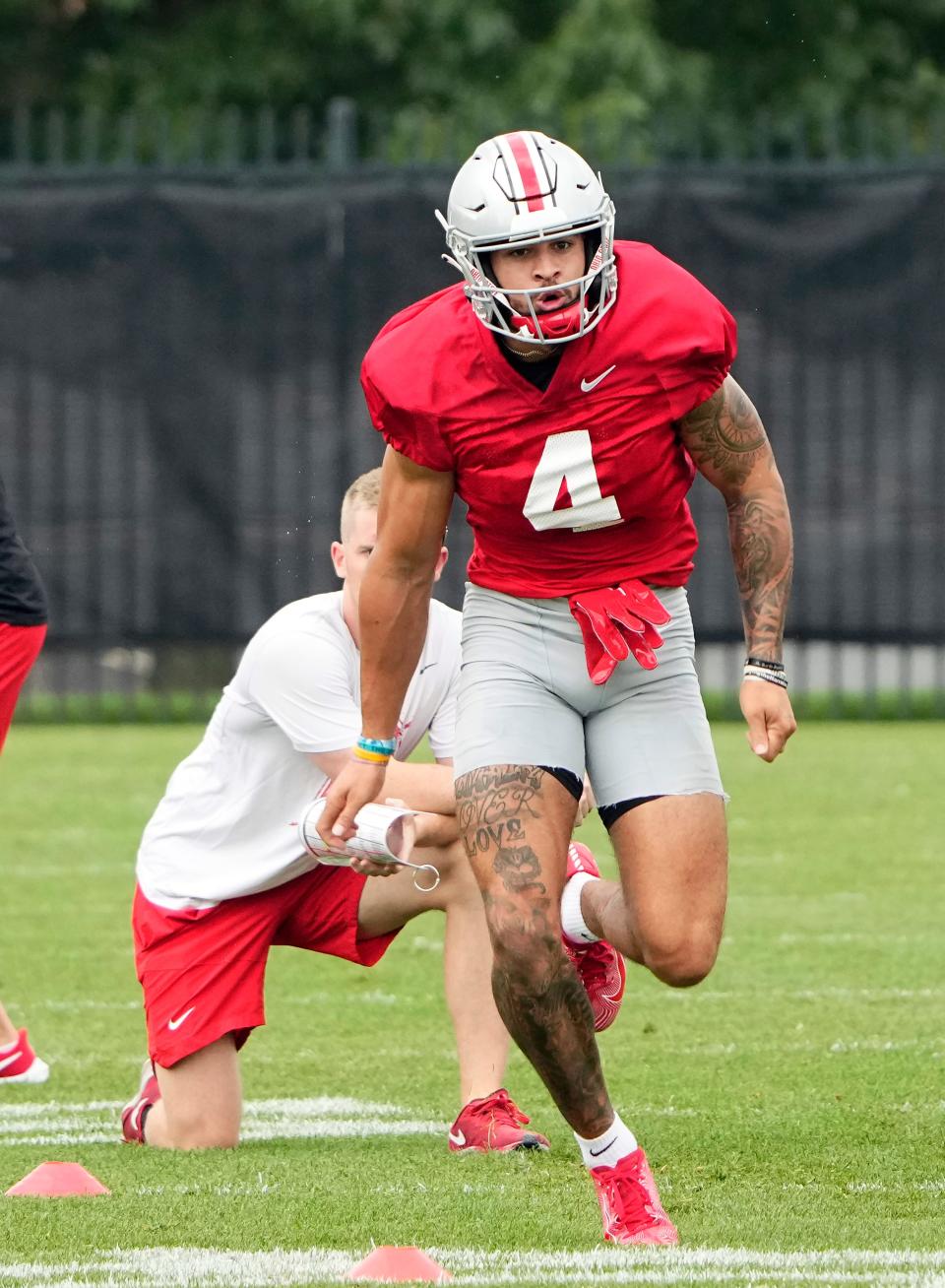 Aug 5, 2022; Columbus, OH, USA; Ohio State Buckeyes wide receiver Julian Fleming (4) during practice at Woody Hayes Athletic Center in Columbus, Ohio on August 5, 2022.