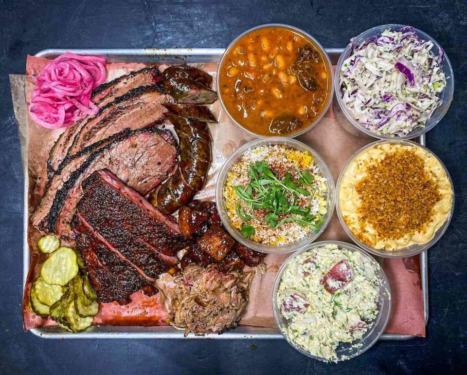 platter of barbecue and sides from Moo's Craft Barbecue