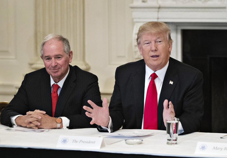 Image: Then-President Donald Trump and Stephen Schwarzman at the White House on Feb. 3, 2017. (Andrew Harrer / Bloomberg via Getty Images file)