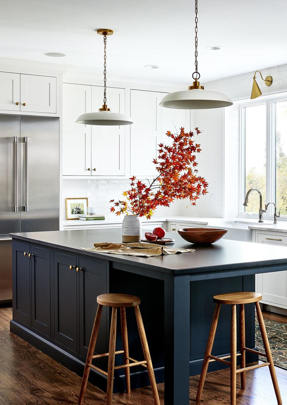 kitchen with navy center island