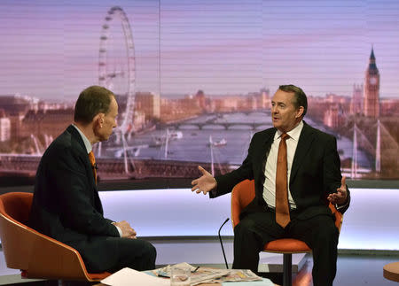 Britain's Secretary of State for International Trade Liam Fox appears on BBC TV's The Andrew Marr Show in London, Britain, December 16, 2018. Jeff Overs/BBC/Handout via REUTERS