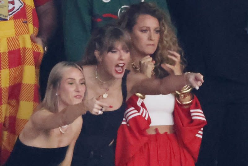 Ashley Avignone, Taylor Swift (C) and actress Blake Lively (R) attend Super Bowl LVIII between the Kansas City Chiefs and San Francisco 49ers at Allegiant Stadium in Las Vegas, Nevada on February 11. File Photo by James Atoa/UPI