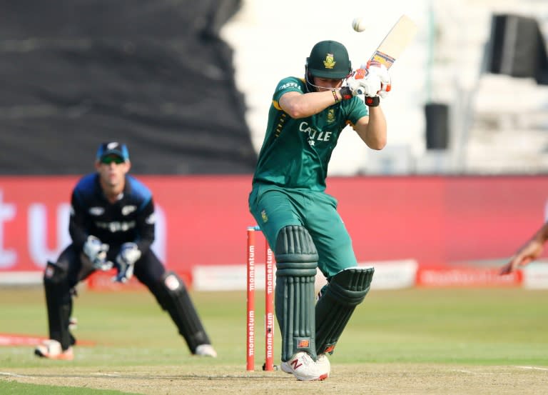 South African batsman David Miller ducks to avoid a bouncer during the third and final One Day International (ODI) cricket match between South Africa and New Zealand at the Kingsmead cricket ground in Durban on August 26, 2015